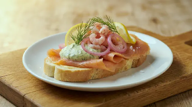Smørrebrød med laks og rejer, dild-sennepscreme