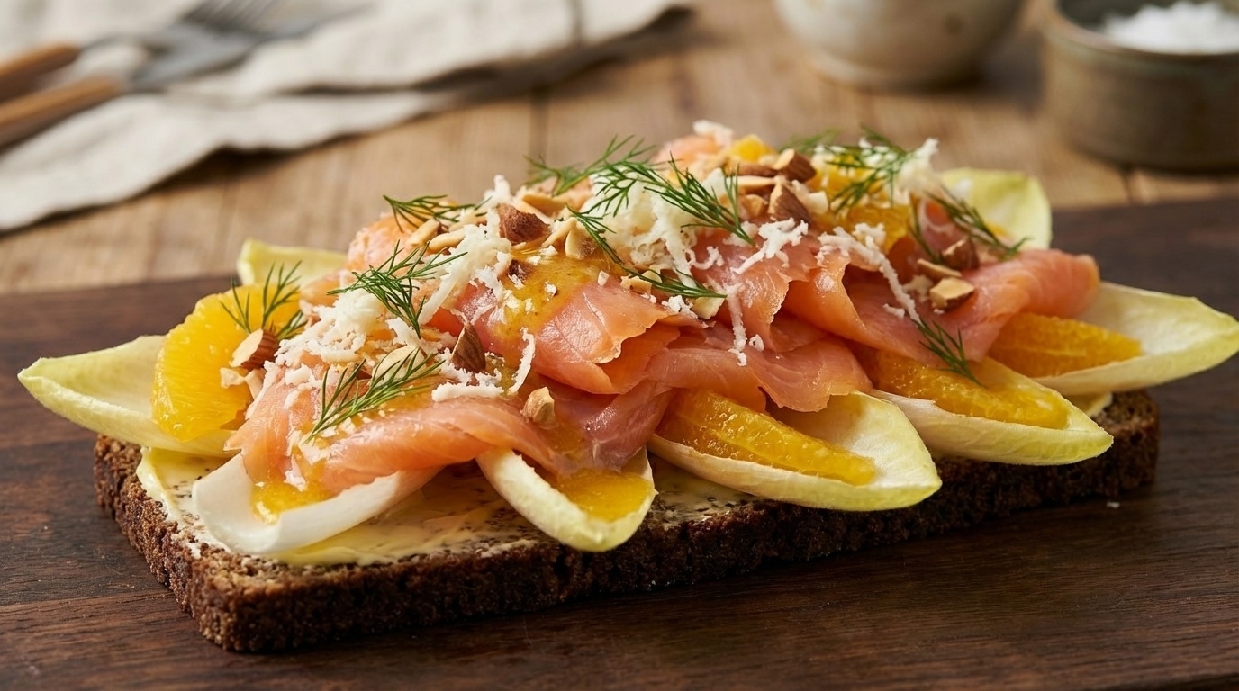 Smørrebrød med koldrøget laks, appelsiner og peberrod