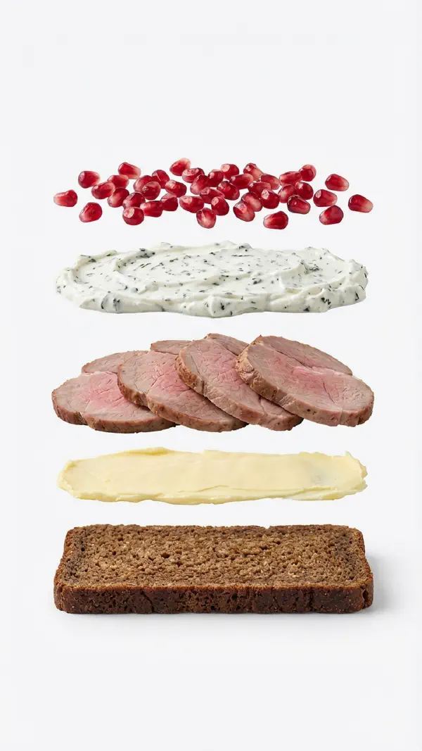 Opbygning af lammesteg med mynte og granatæble © kvalimad.dk