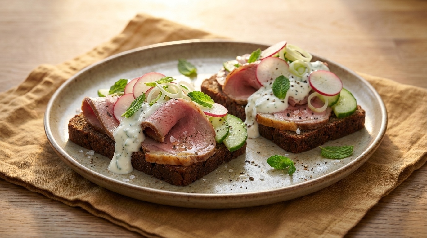 Smørrebrød med lammesteg, mynte-yoghurt og forårsgrøntsager