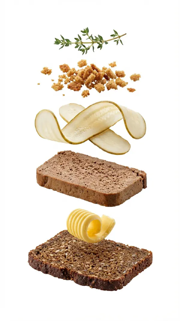 Opbygning af leverpostej med asier og rugbrødscrumble © kvalimad.dk