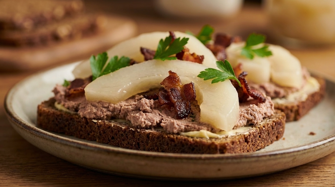 Smørrebrød med leverpostej, asier og rugbrødscrumble