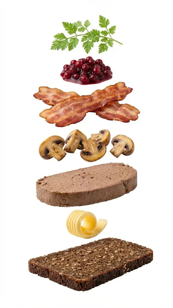 Opbygning af leverpostej med bacon, champignon og tyttebærkompot © kvalimad.dk