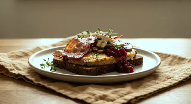Smørrebrød med leverpostej, bacon, champignon og tyttebærkompot