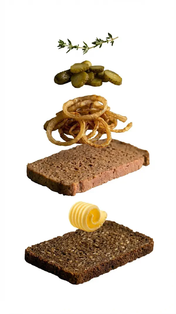 Opbygning af leverpostej med ristede løg og trøffelolie © kvalimad.dk