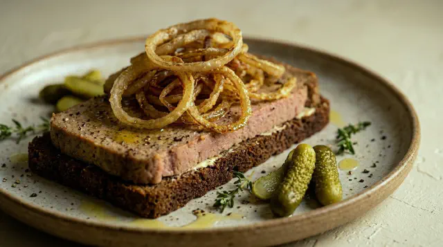Smørrebrød med leverpostej, ristede løg og trøffelolie
