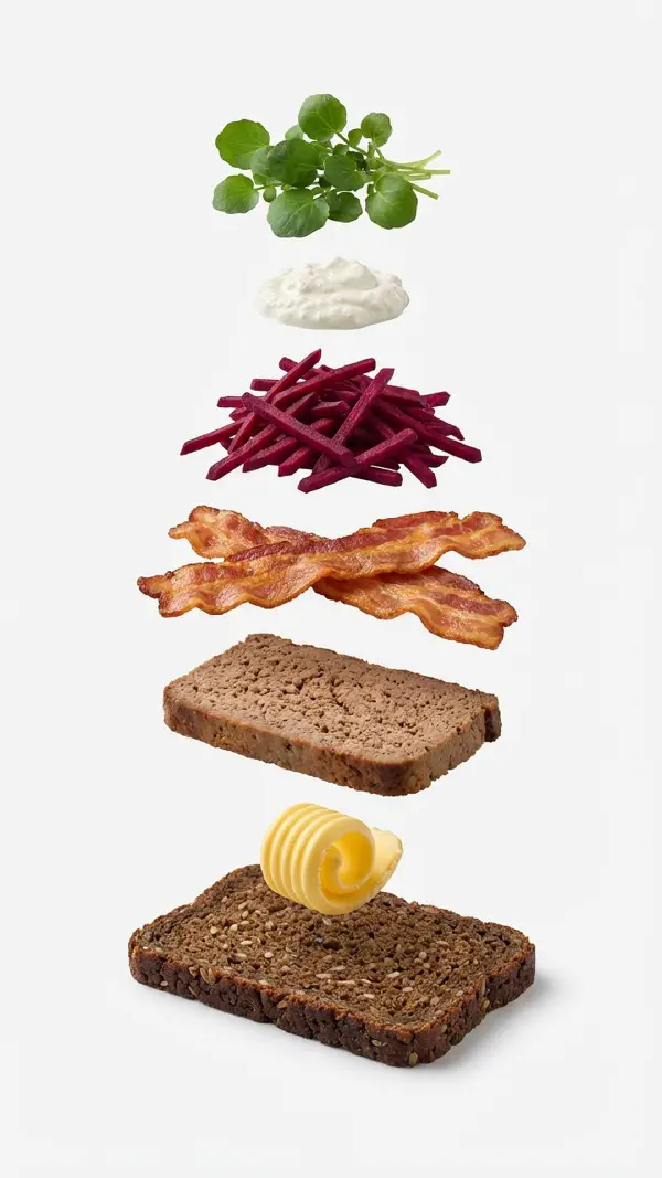 Opbygning af leverpostej med rødbedejulienne og peberrods-crème fraîche © kvalimad.dk