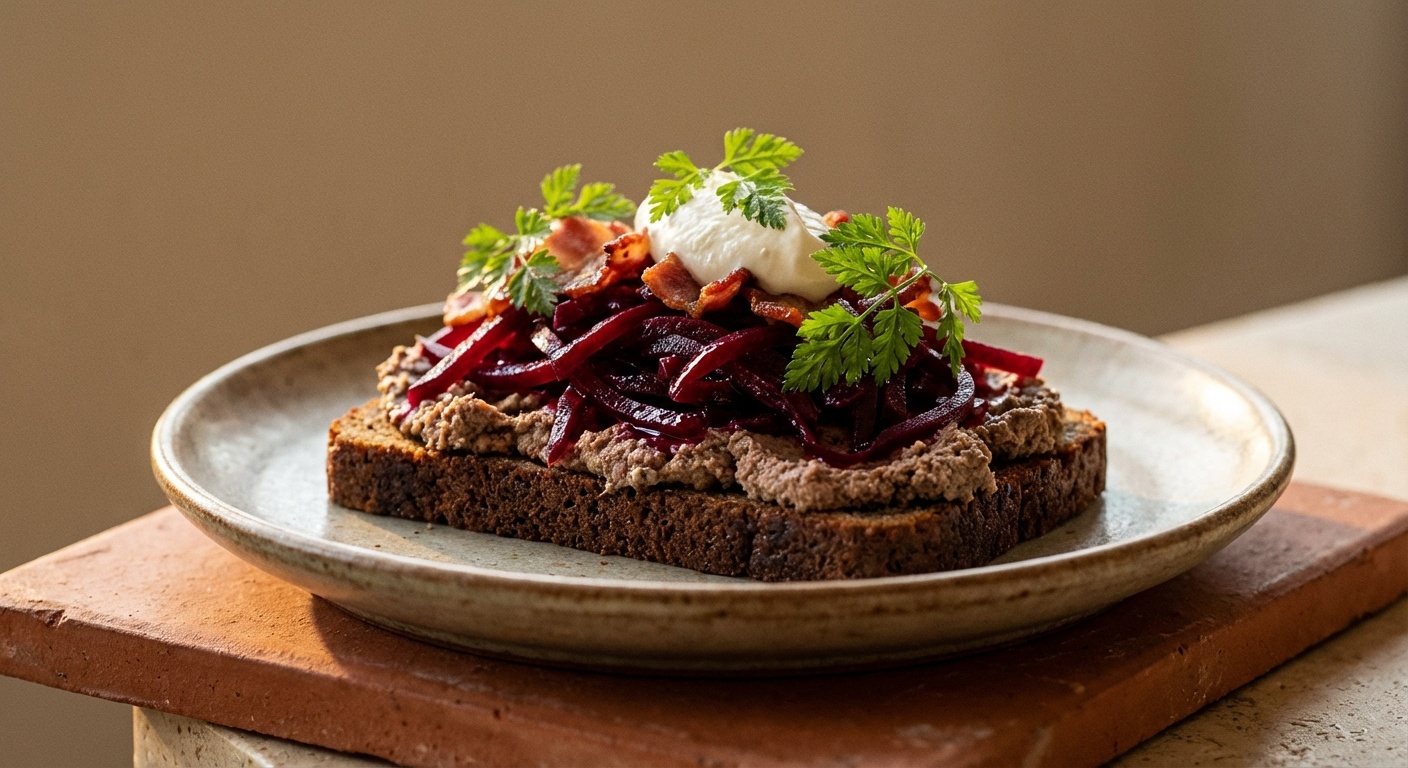 Smørrebrød med leverpostej, rødbedejulienne og peberrods-crème fraîche