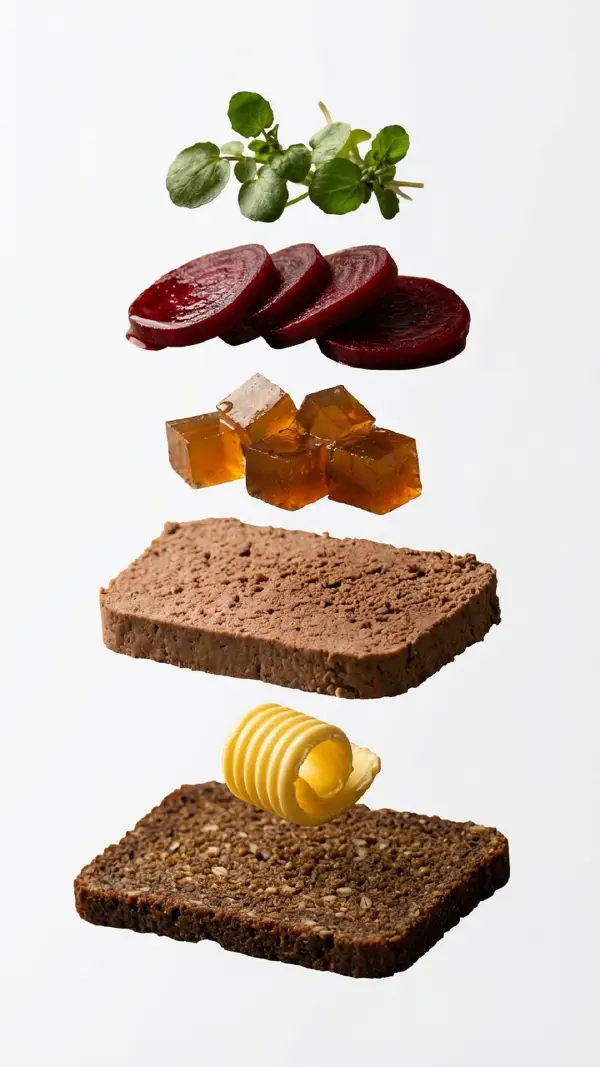 Opbygning af leverpostej med sky, syltede rødbeder og karse © kvalimad.dk