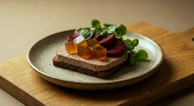 Smørrebrød med leverpostej, sky, syltede rødbeder og karse