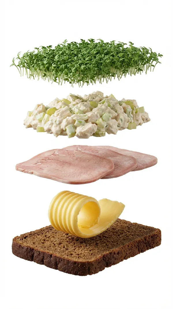 Opbygning af madam schønnemann med oksetunge og hønsesalat © kvalimad.dk