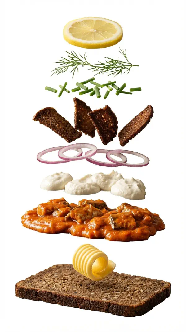 Opbygning af makrel i tomat med peberrodscreme og rugbrødschip © kvalimad.dk