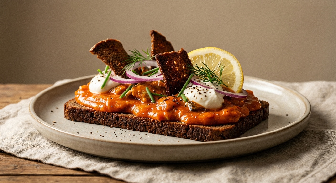 Smørrebrød med makrel i tomat, peberrodscreme og rugbrødschip