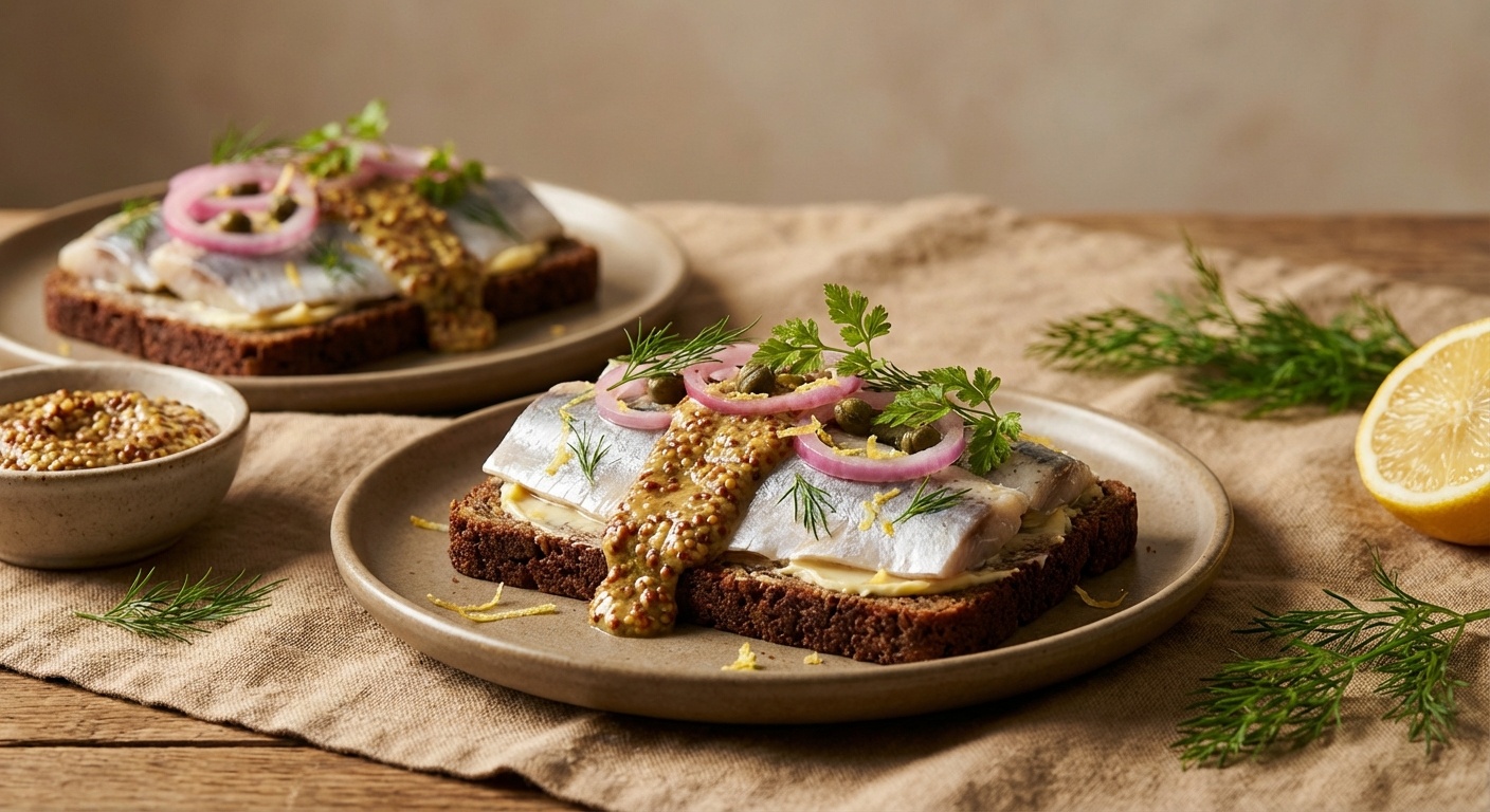 Smørrebrød med marinerede sild, kapers og sennepscreme