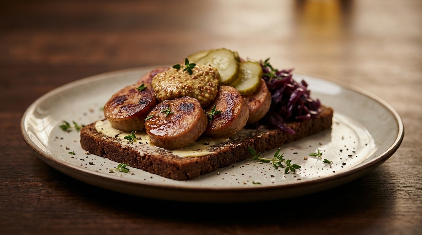 Smørrebrød med stegt medisterpølse, rødkål og sennep