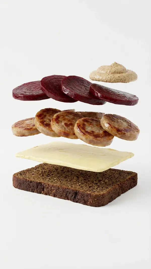 Opbygning af medisterpølse med sennep og syltede rødbeder © kvalimad.dk