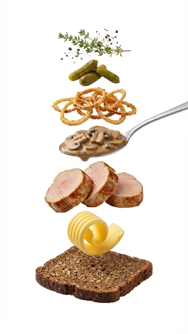 Opbygning af mørbradskiver med champignoncreme og sprødt løg © kvalimad.dk