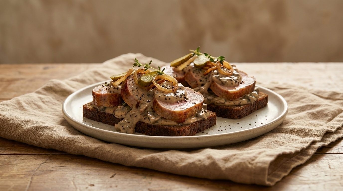 Smørrebrød med mørbradskiver, champignoncreme og sprødt løg