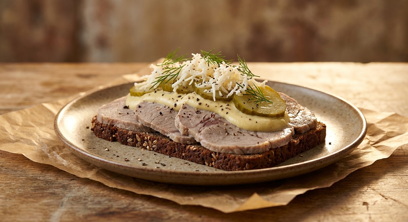 Smørrebrød med oksebryst, sennep og syltede agurker