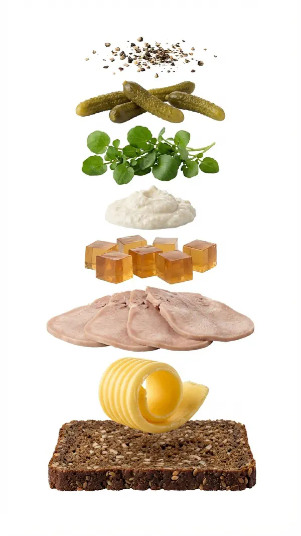 Opbygning af oksetunge med sky og peberrodscreme © kvalimad.dk