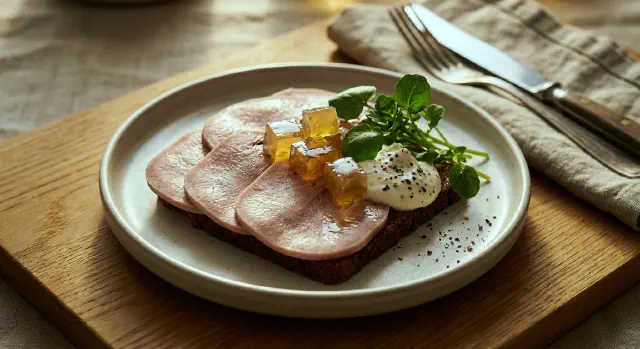 Smørrebrød med oksetunge, sky og peberrodscreme