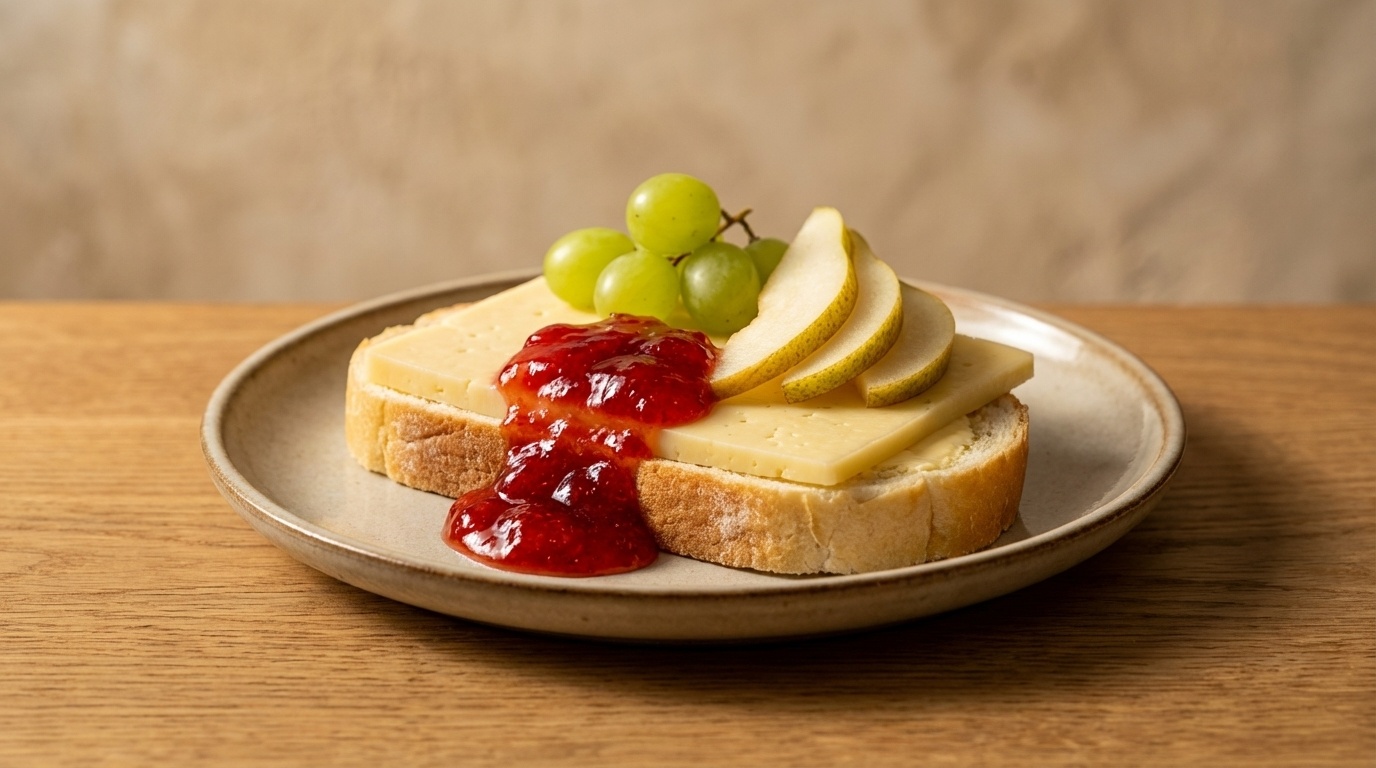 Smørrebrød med ost, marmelade og frisk frugt