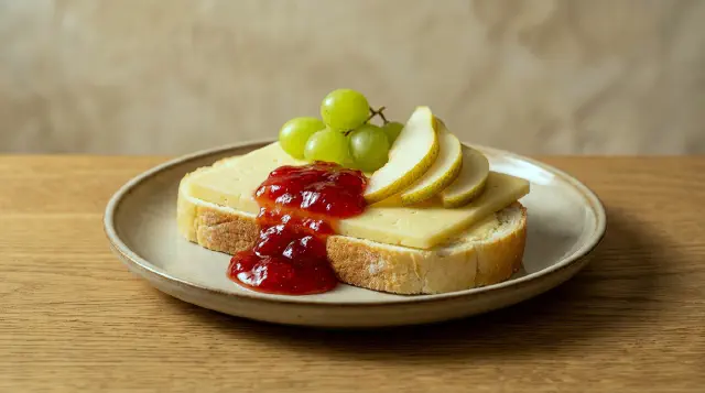 Smørrebrød med ost, marmelade og frisk frugt