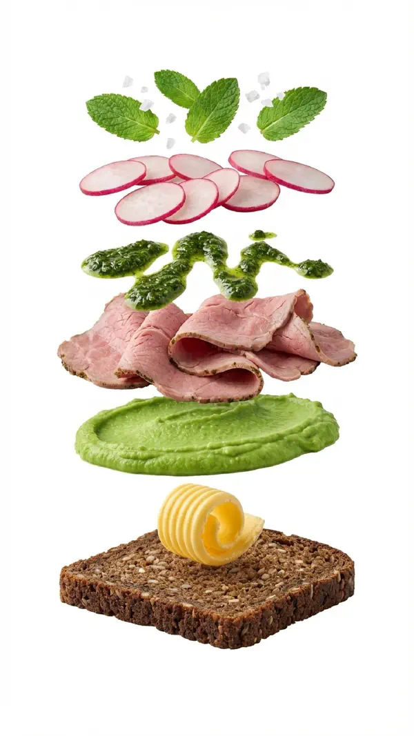 Opbygning af påskelam med mynte-pesto og ærtehummus © kvalimad.dk