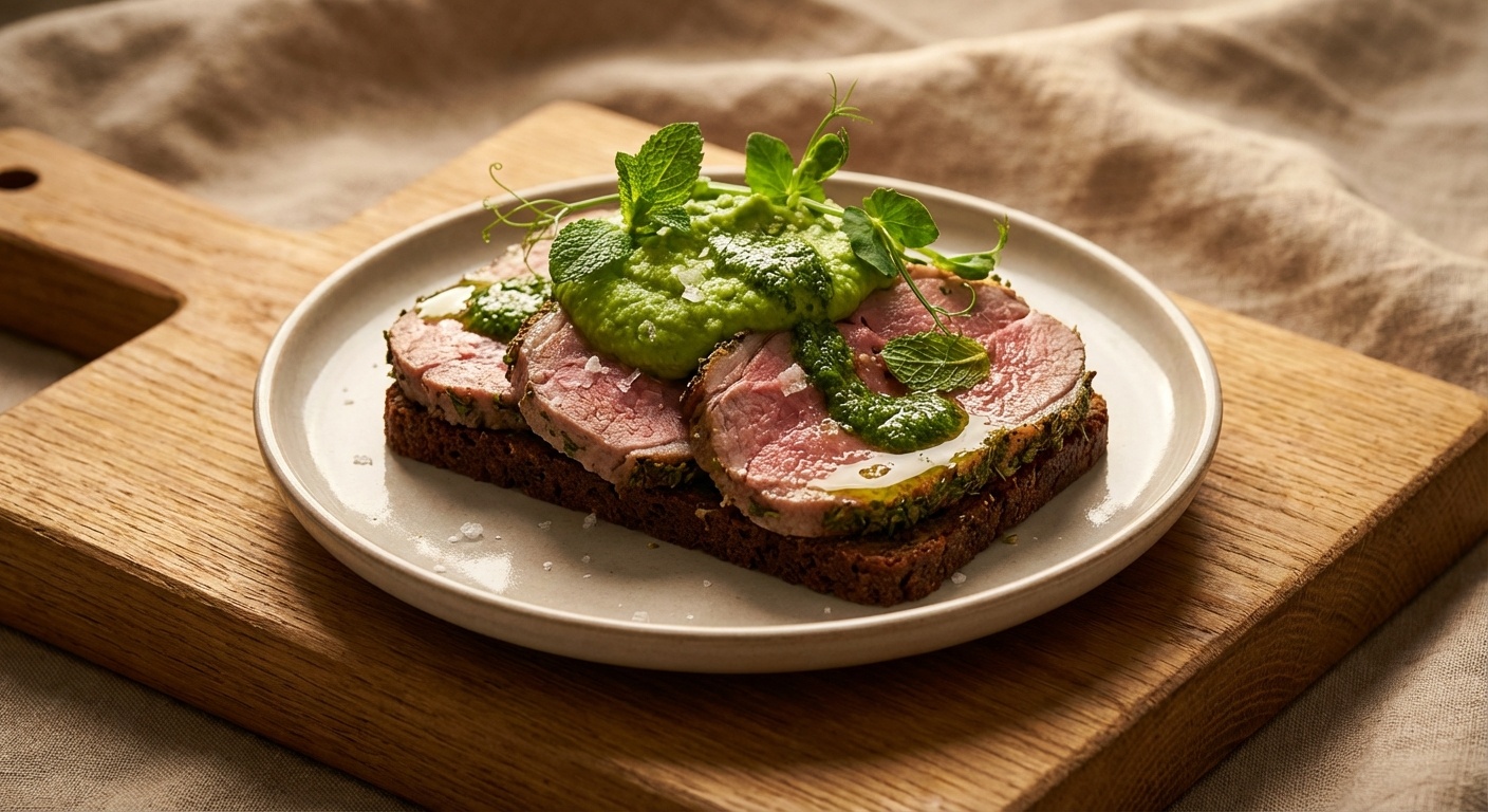 Smørrebrød med påskelam, mynte-pesto og ærtehummus