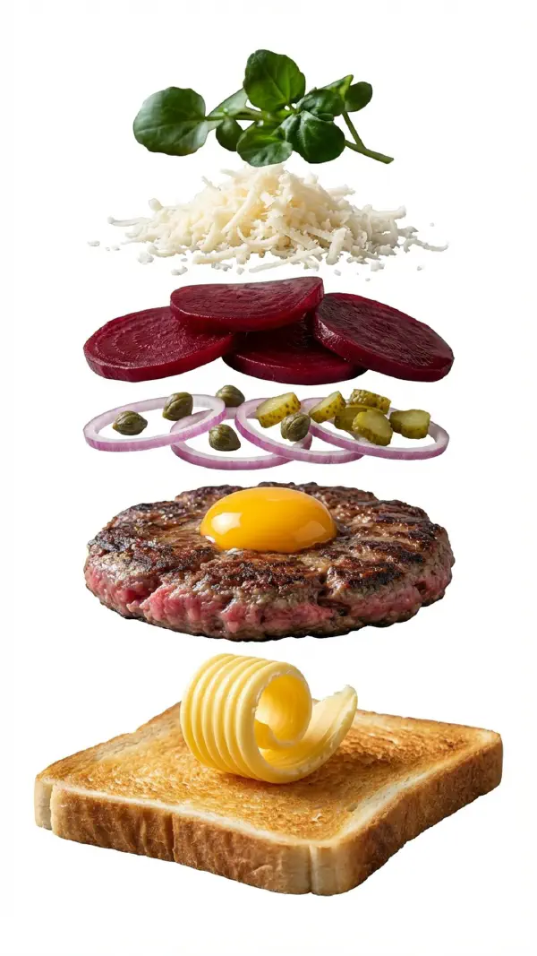 Opbygning af pariserbøf med rå æggeblomme og kapers © kvalimad.dk