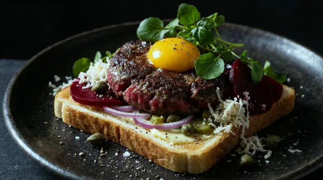 Smørrebrød med pariserbøf, rå æggeblomme og kapers