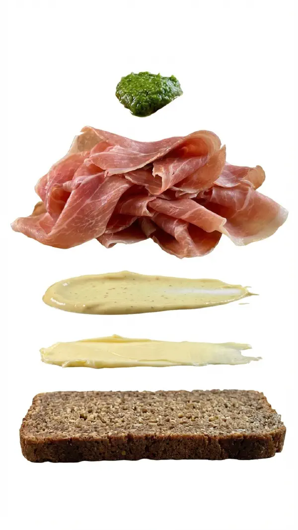 Opbygning af parmaskinke med pesto og sennepsmayo © kvalimad.dk