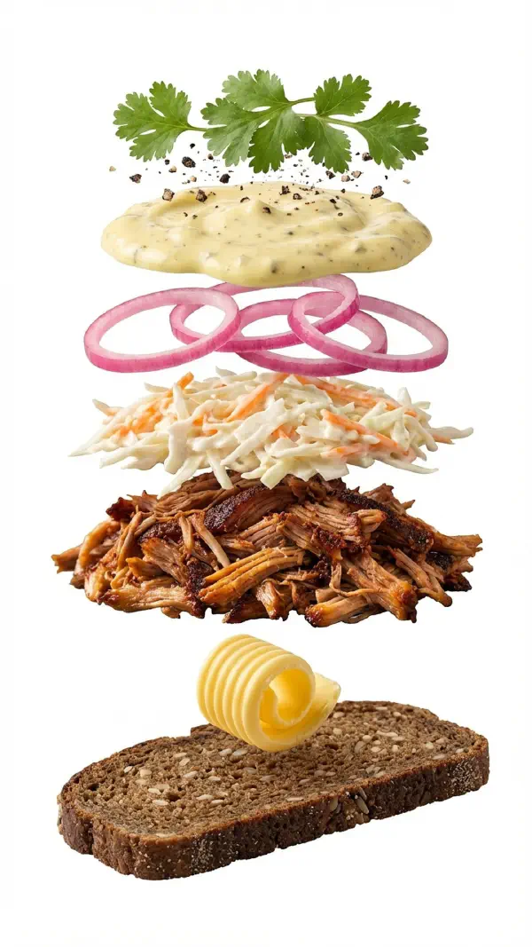 Opbygning af pulled pork smørrebrød med coleslaw og syltede rødløg © kvalimad.dk