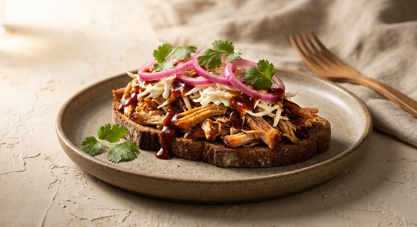 Smørrebrød med pulled pork, coleslaw og syltede rødløg