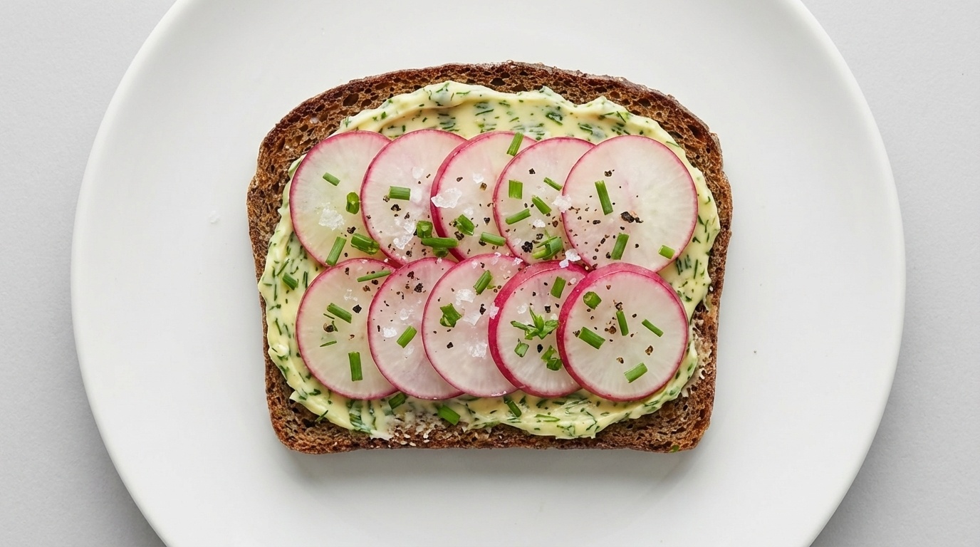 Smørrebrød med radisemad, smør og flagesalt