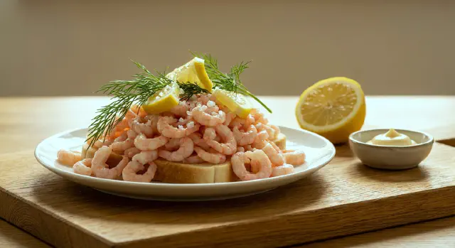 Smørrebrød med rejemad, håndpillede rejer og citron-estragonmayo