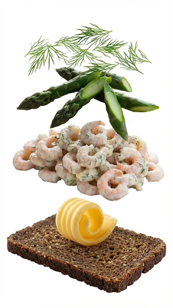 Opbygning af rejesalat med asparges og dild © kvalimad.dk