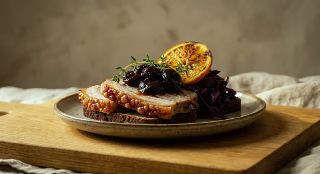 Smørrebrød med ribbensteg, sveskekompot og rødkål
