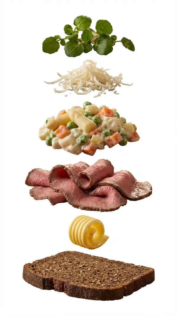 Opbygning af roastbeef med italiensk salat og peberrod © kvalimad.dk