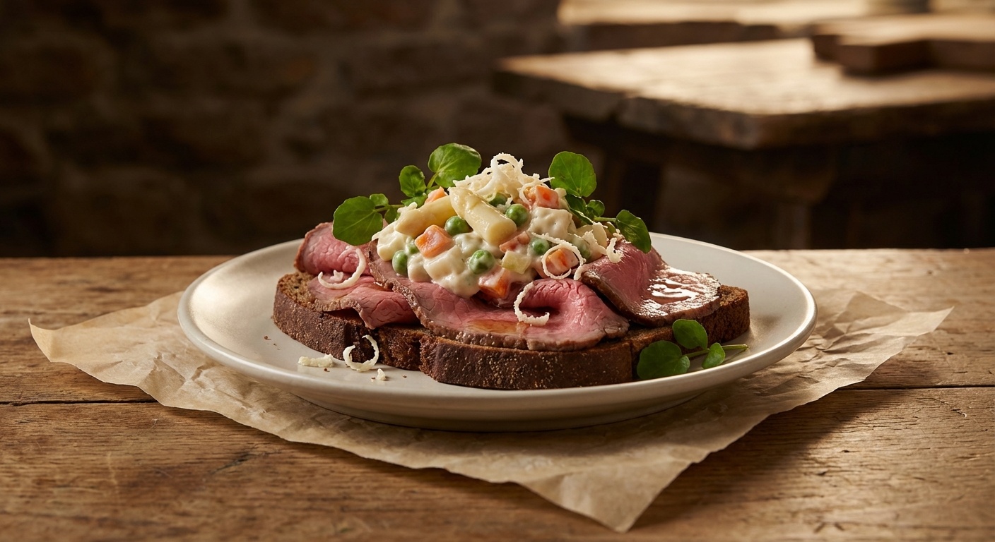 Smørrebrød med roastbeef, italiensk salat og peberrod
