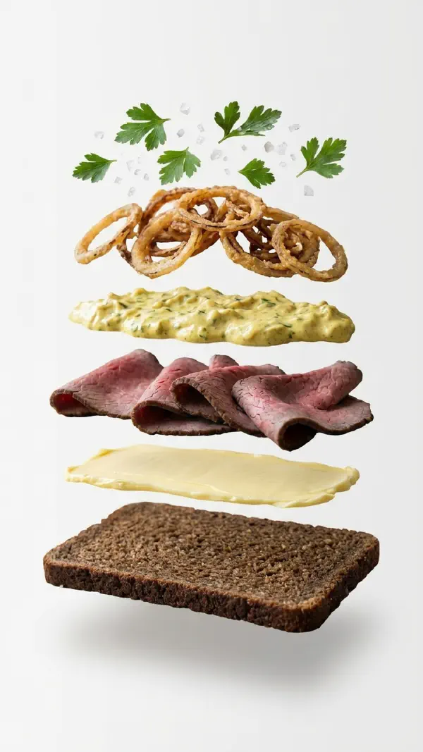 Opbygning af roastbeef med karrysalat og stegte løg © kvalimad.dk