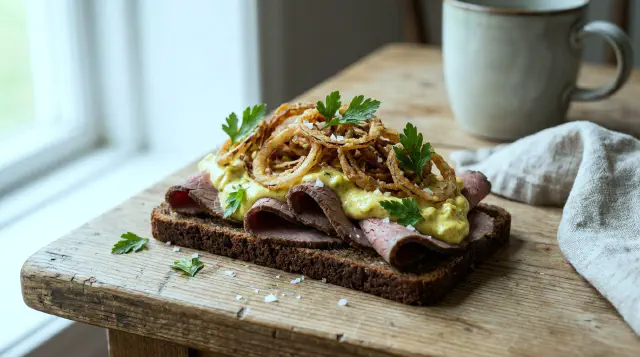 Roastbeef med karrysalat og stegte løg