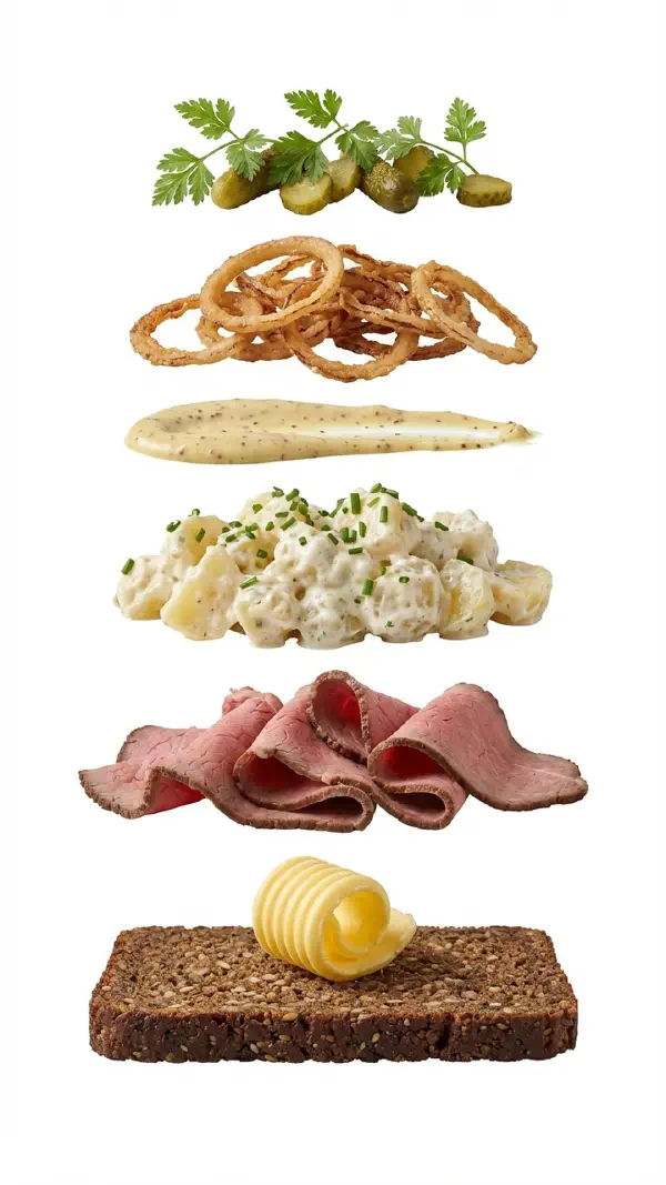 Opbygning af roastbeef med kartoffelsalat og sennepscreme © kvalimad.dk