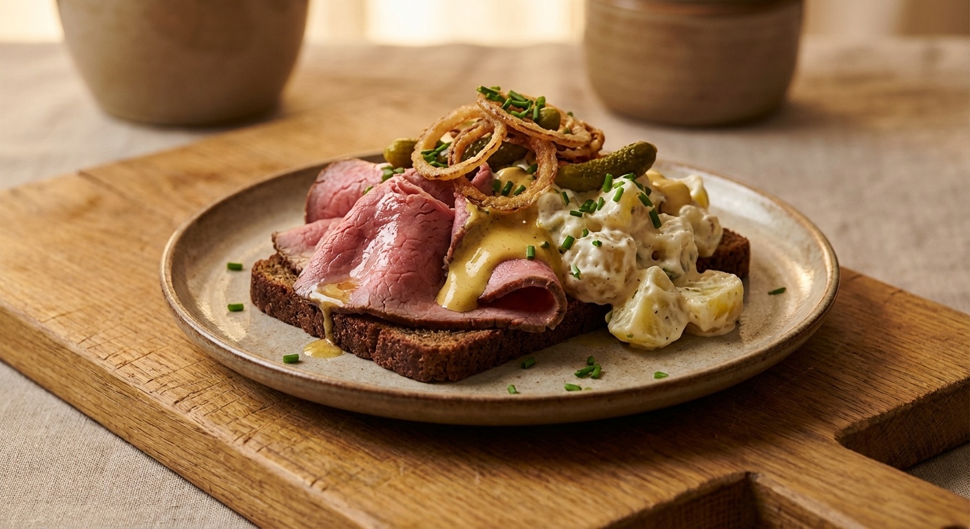 Smørrebrød med roastbeef, kartoffelsalat og sennepscreme