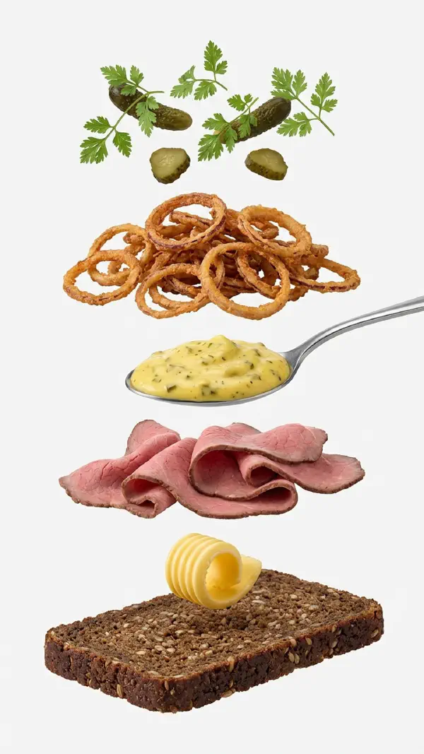 Opbygning af roastbeef med remoulade og ristede løg © kvalimad.dk
