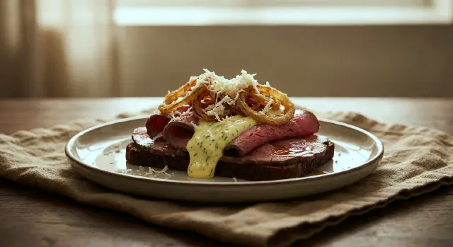 Smørrebrød med roastbeef, remoulade og ristede løg