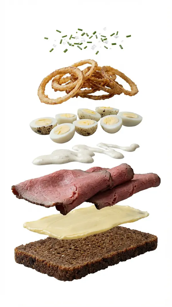 Opbygning af roastbeef med vagtelæg og peberrodsemulsion © kvalimad.dk