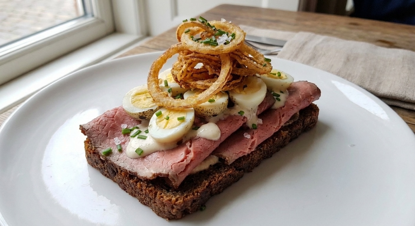 Roastbeef med vagtelæg og peberrodsemulsion
