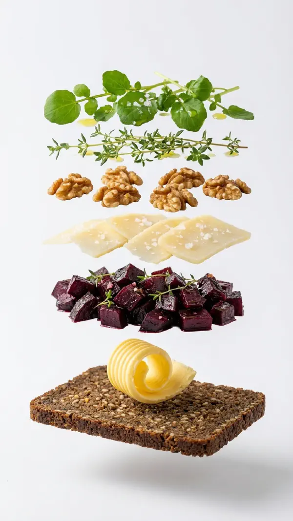 Opbygning af rødbede med vesterhavsost og valnødder © kvalimad.dk