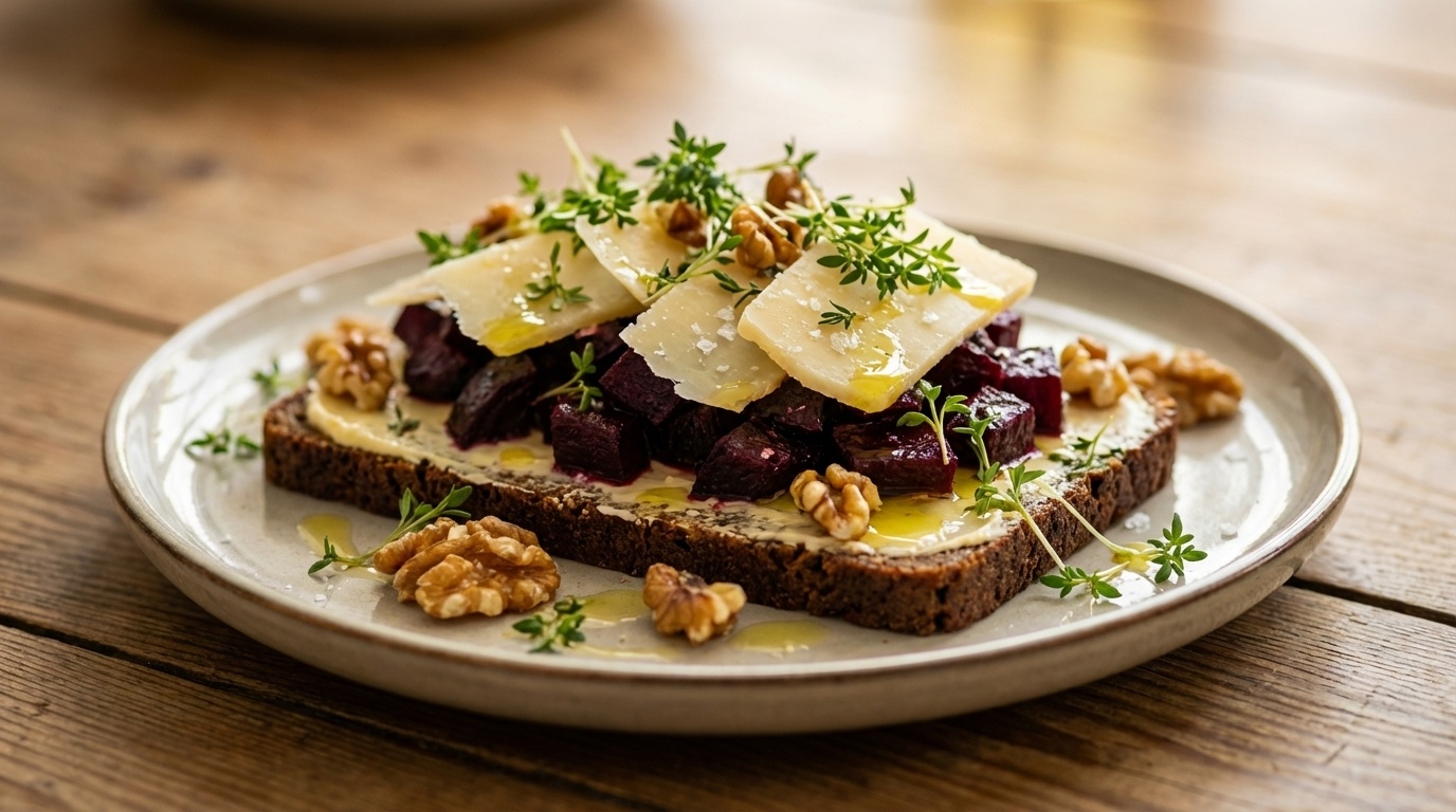 Smørrebrød med rødbede, vesterhavsost og valnødder